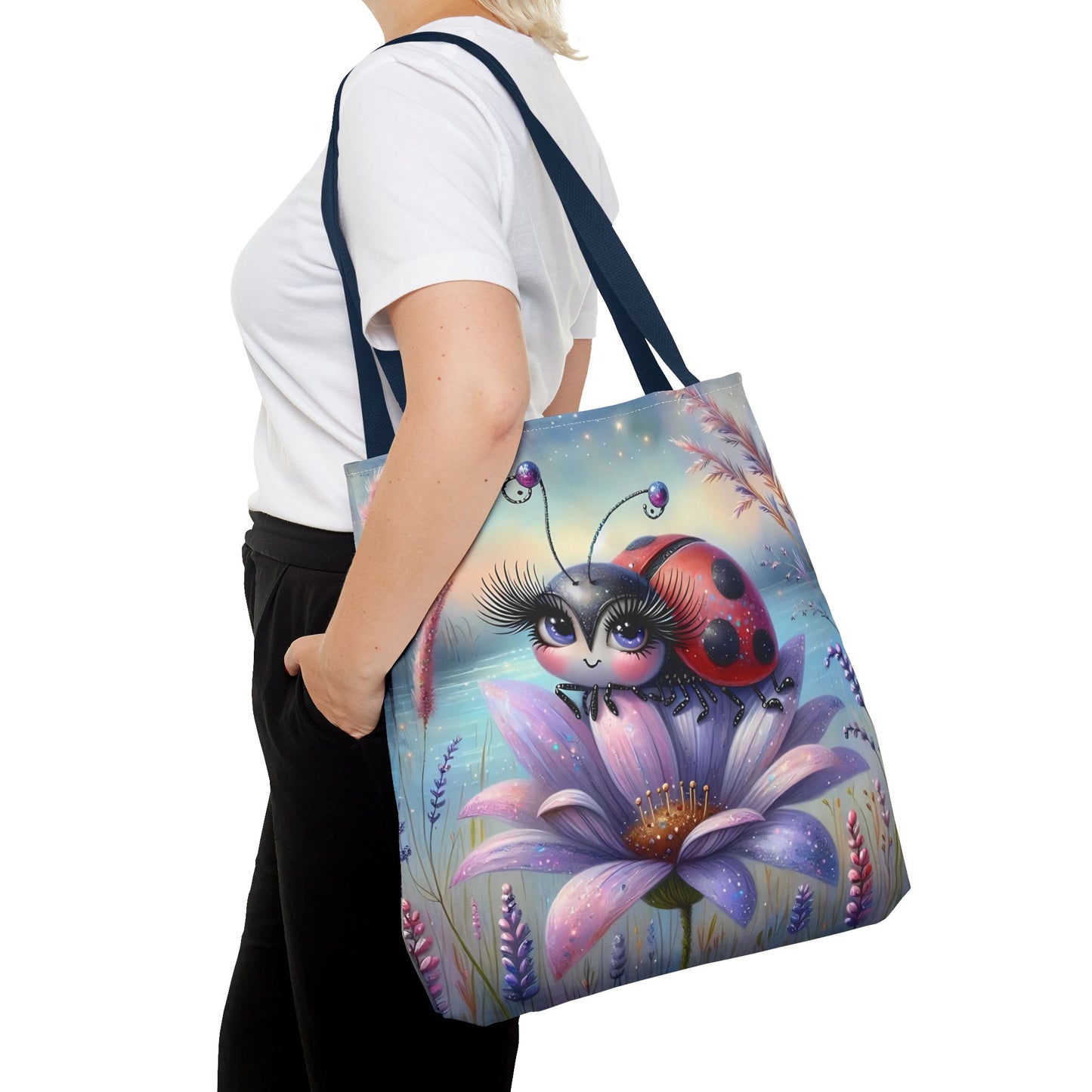 🐞 Mariquita sobre una flor junto al lago – Bolsa de tela inspirada en la naturaleza