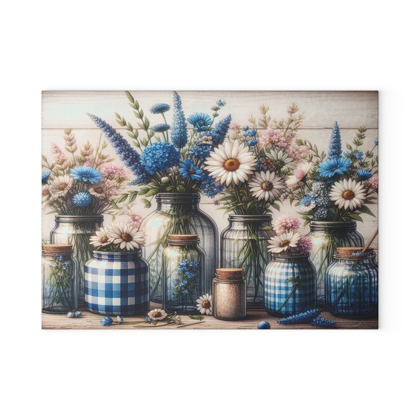 💙🌼 Blue Gingham Wildflower Mason Jar Cutting Board – Rustic Farmhouse Kitchen Charm 🌿✨