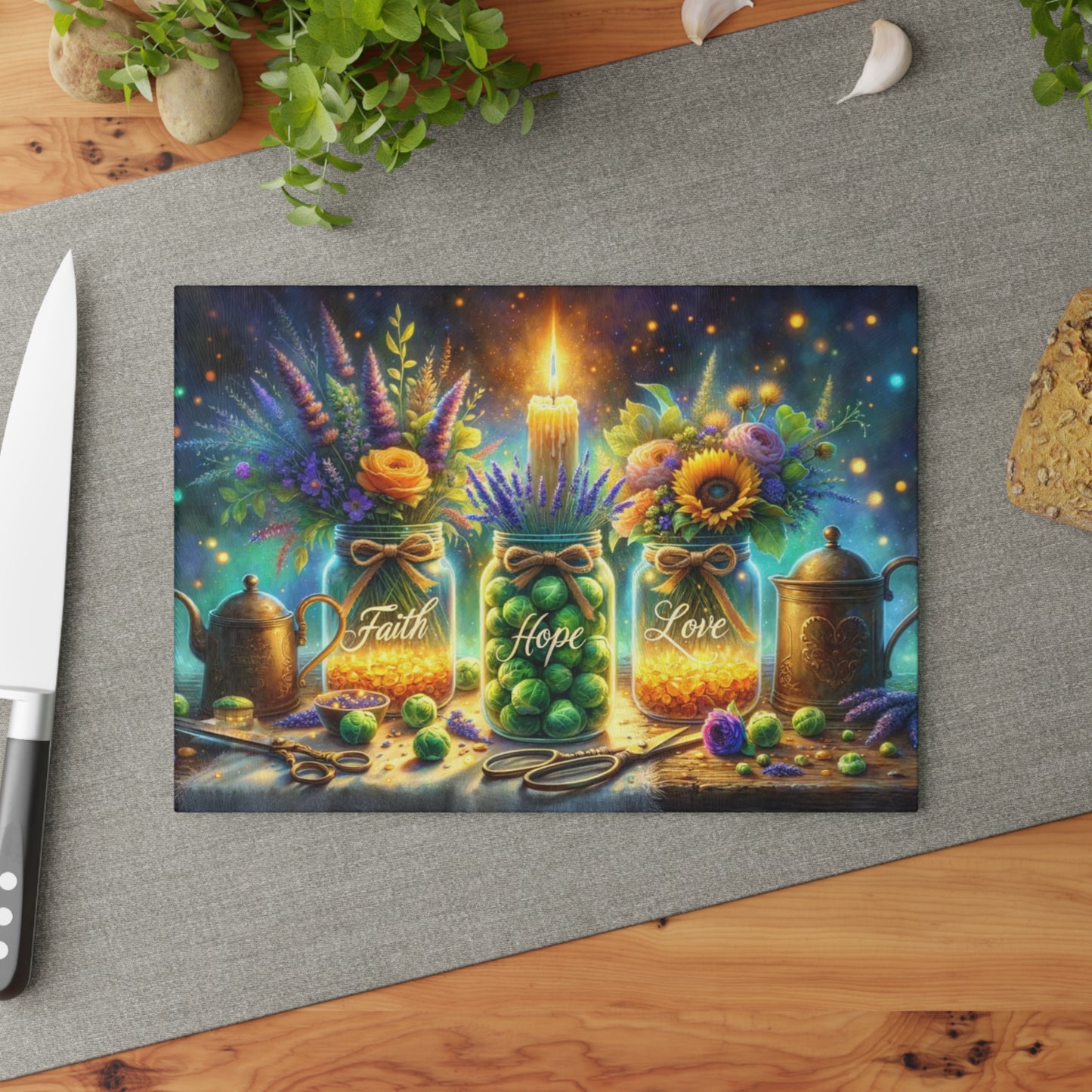 🕯️🌼 “Faith • Hope • Love” Mason Jar Glass Cutting Board – Warm Glow for Your Kitchen