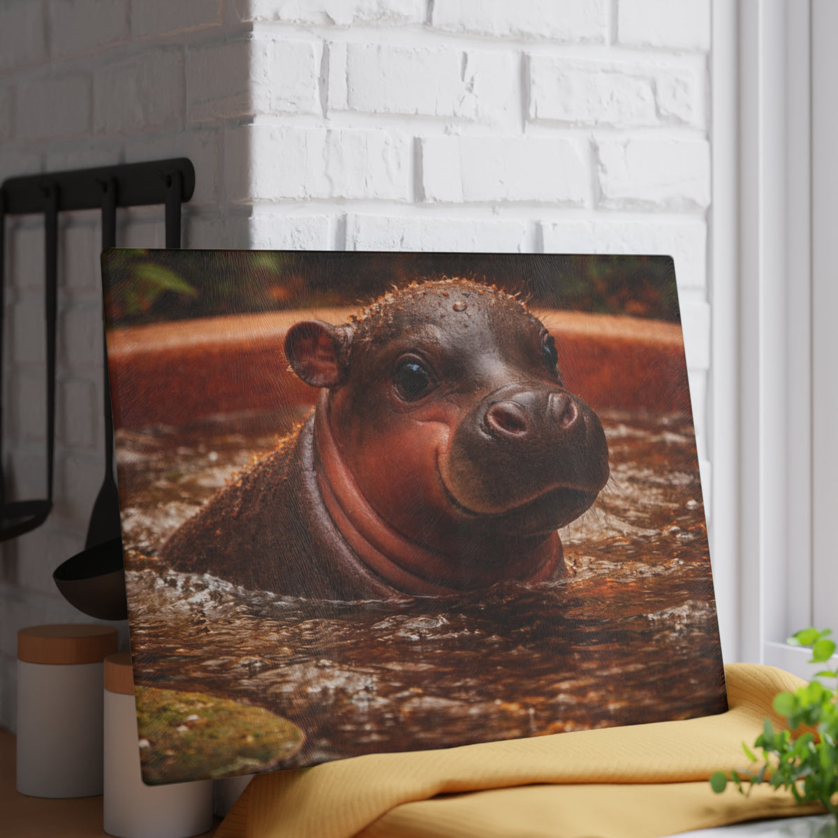 Baby Hippo Glass Cutting Board – Adorable Safari Wildlife Kitchen Decor