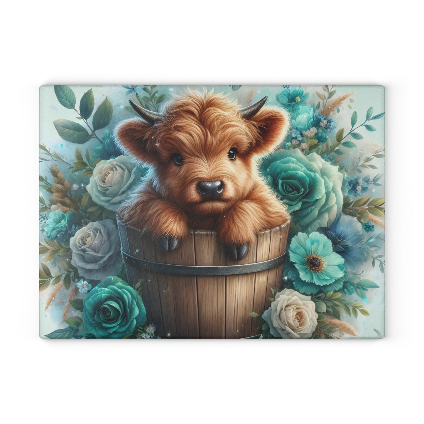🐮 Highland Calf in a Bucket Cutting Board – Rustic Charm Meets Floral Elegance 🌿