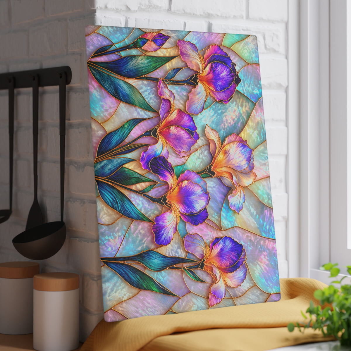 Stained-Glass-Inspired Purple Iris Cutting Board – Vibrant Violet & Lavender Flowers, Iridescent Pastel Mosaic & Elegant Botanical Kitchen Décor