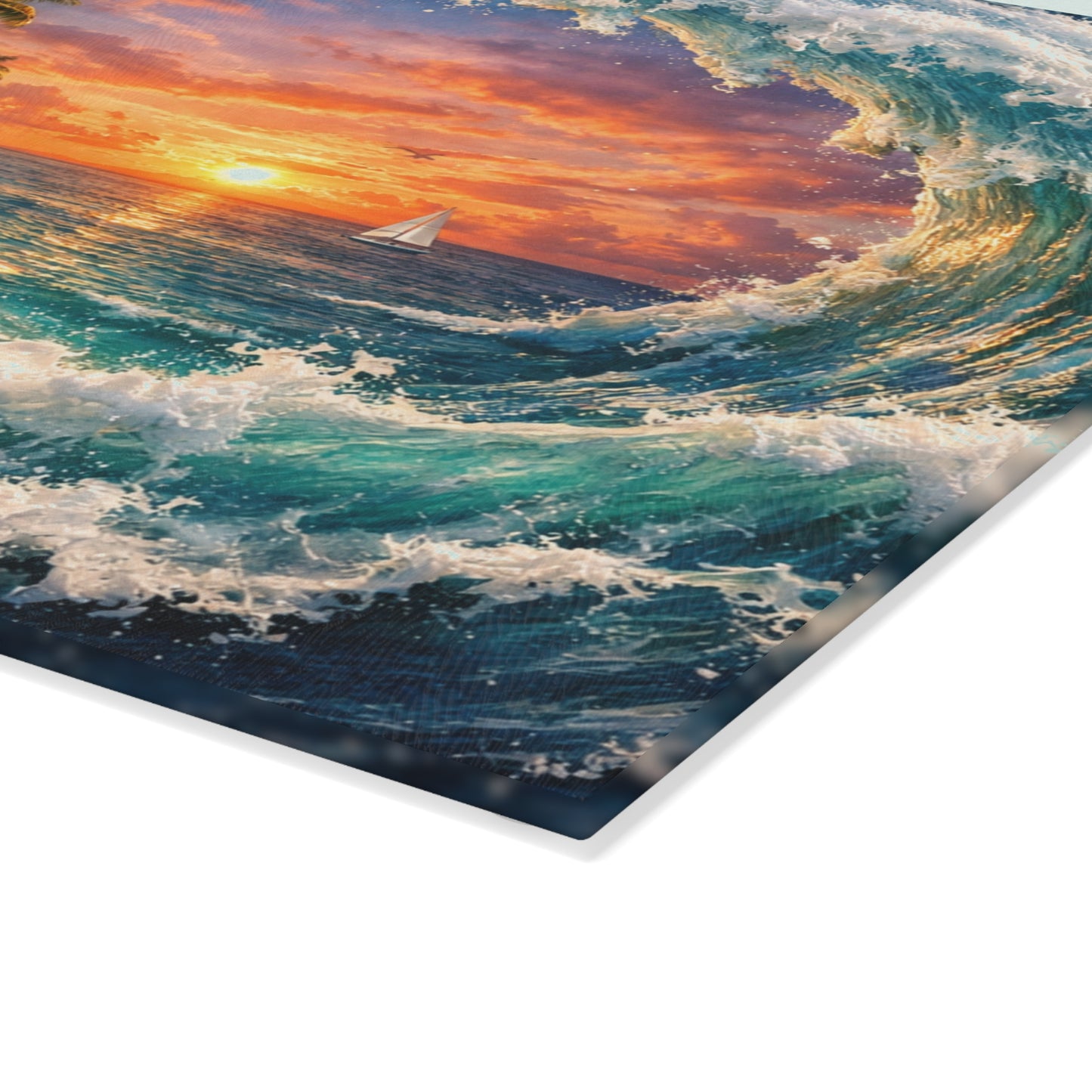Coastal Escape Glass Cutting Board – Tropical Wave Sunset Kitchen Art & Display Board