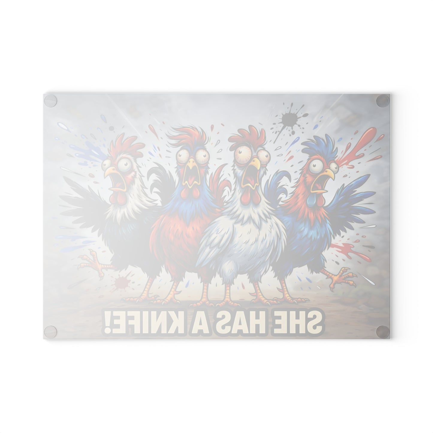 She Has a Knife! Glass Cutting Board – Bold Funny Chicken Kitchen Art
