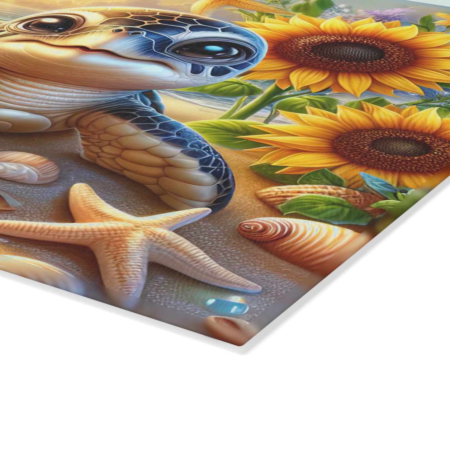 Sunny Shore Sea Turtle Glass Cutting Board – Coastal Beach Artwork with Sunflowers