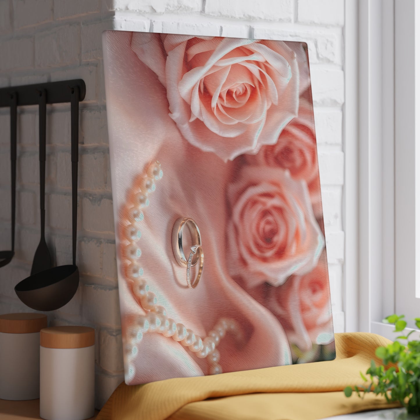 💍 Elegant Wedding Rings Cutting Board – Romance, Roses & Timeless Charm