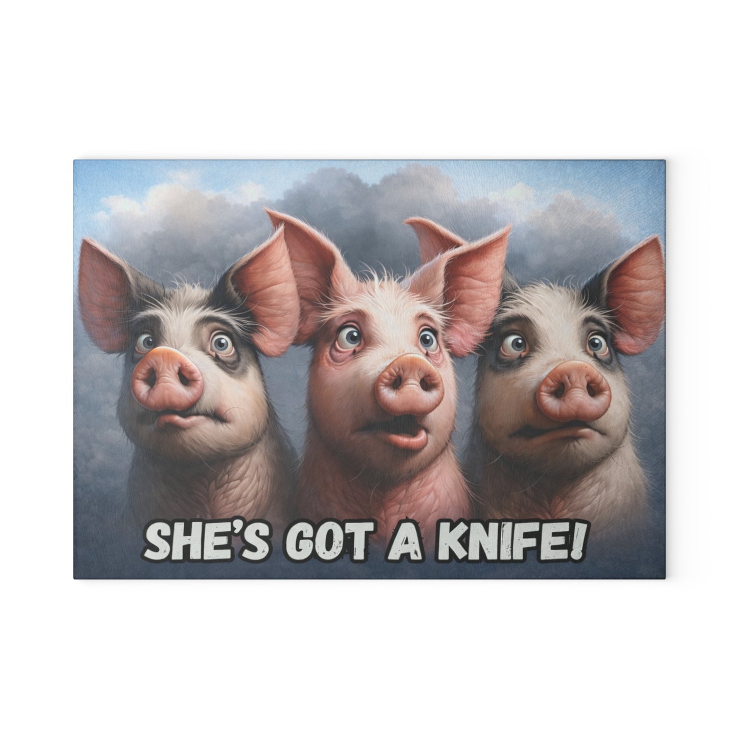 She’s Got a Knife Glass Cutting Board – Funny Pig Kitchen Art with Wide-Eyed Farmhouse Humor