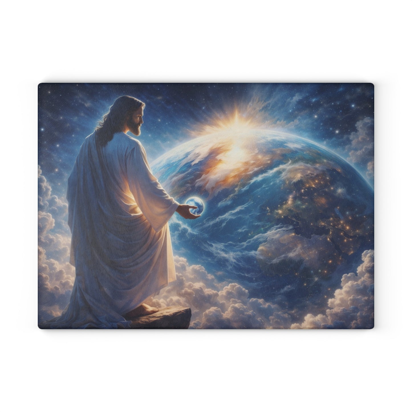 King of Creation Glass Cutting Board – Faith-Inspired Artwork Holding the World