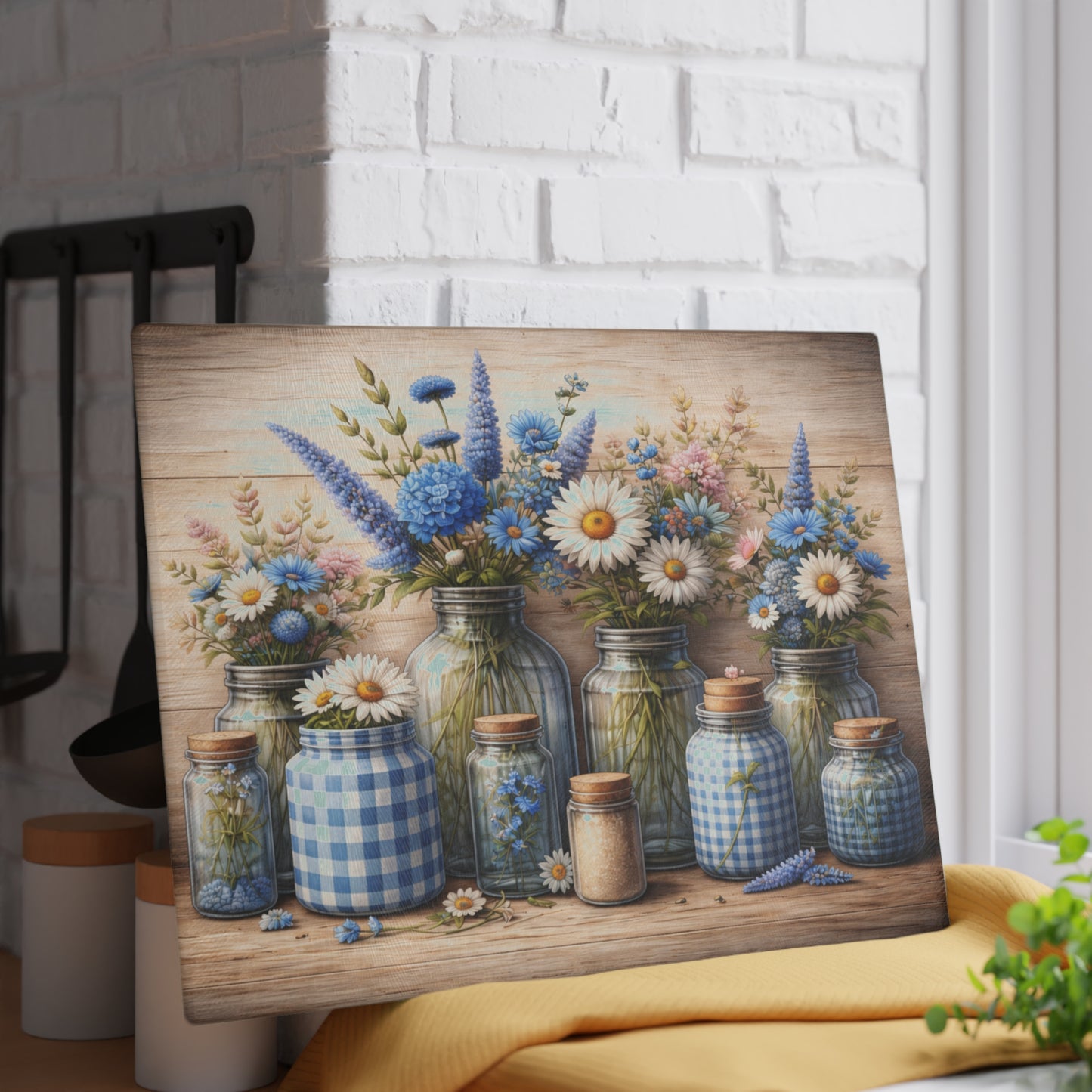 Blue Gingham Wildflower Mason Jar Glass Cutting Board – Rustic Farmhouse Kitchen Decor