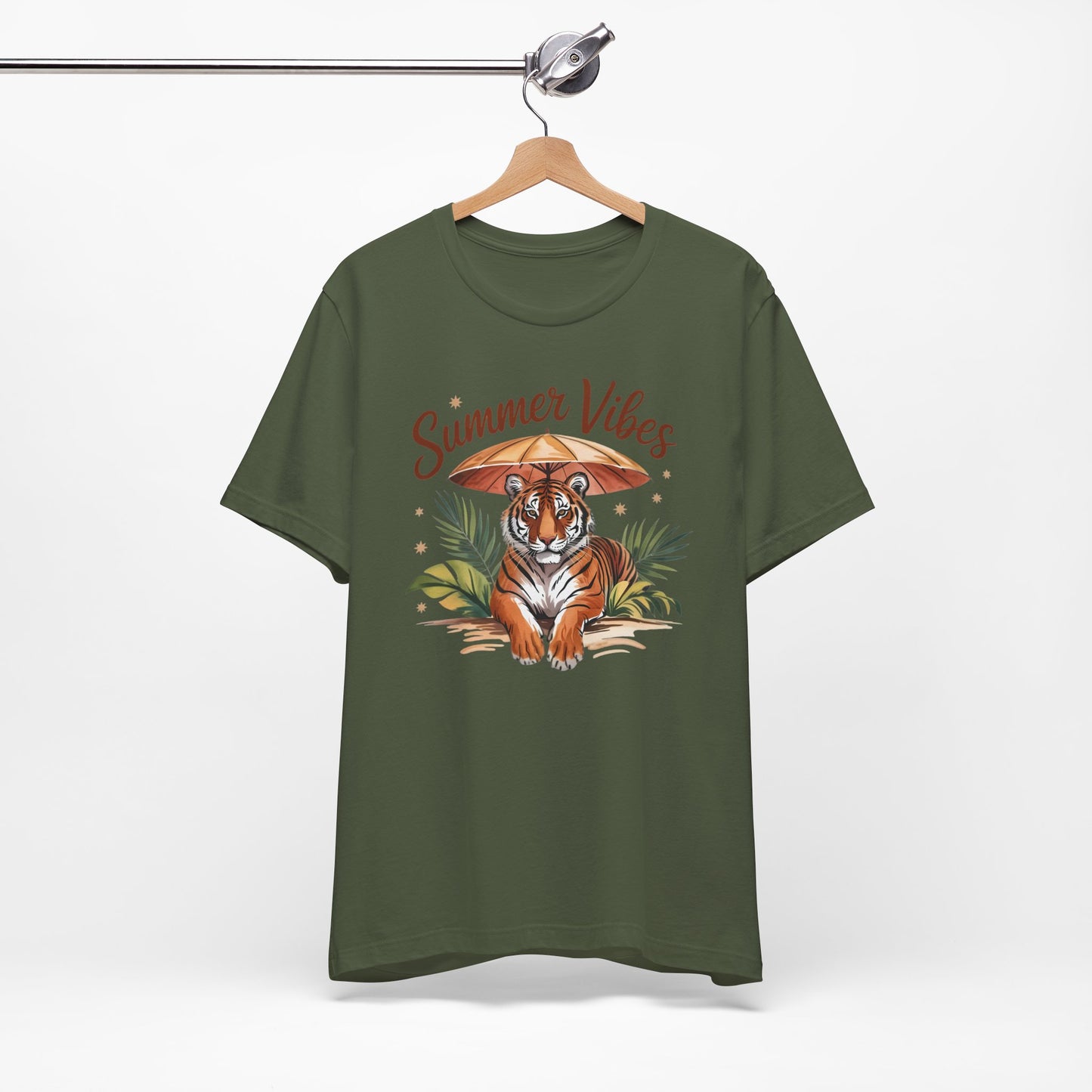 Camiseta Summer Vibes Tiger – Gráfico de palmeras de la selva con paraguas | Múltiples opciones de color