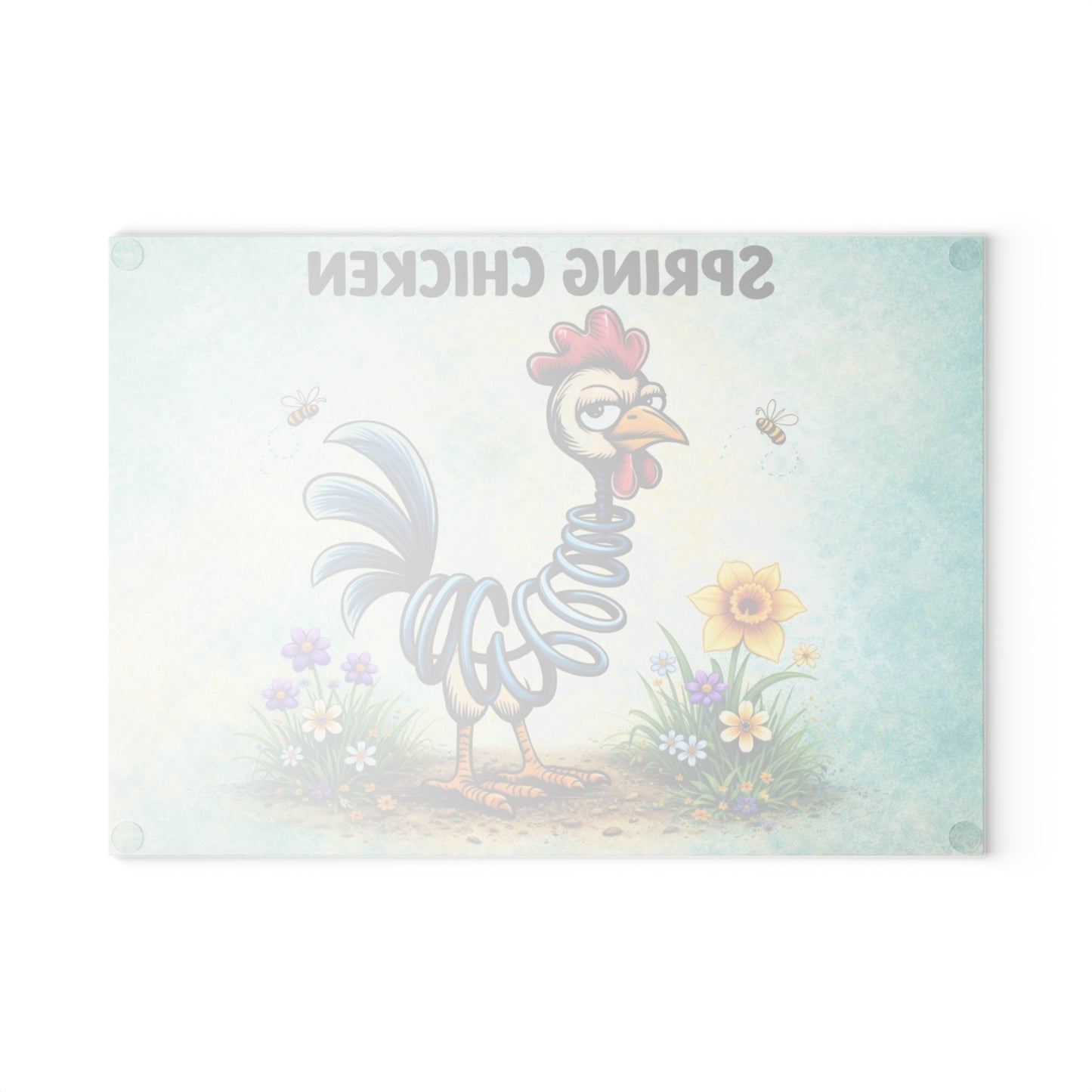 Spring Chicken Glass Cutting Board – Whimsical Chicken Artwork with Playful Spring Humor