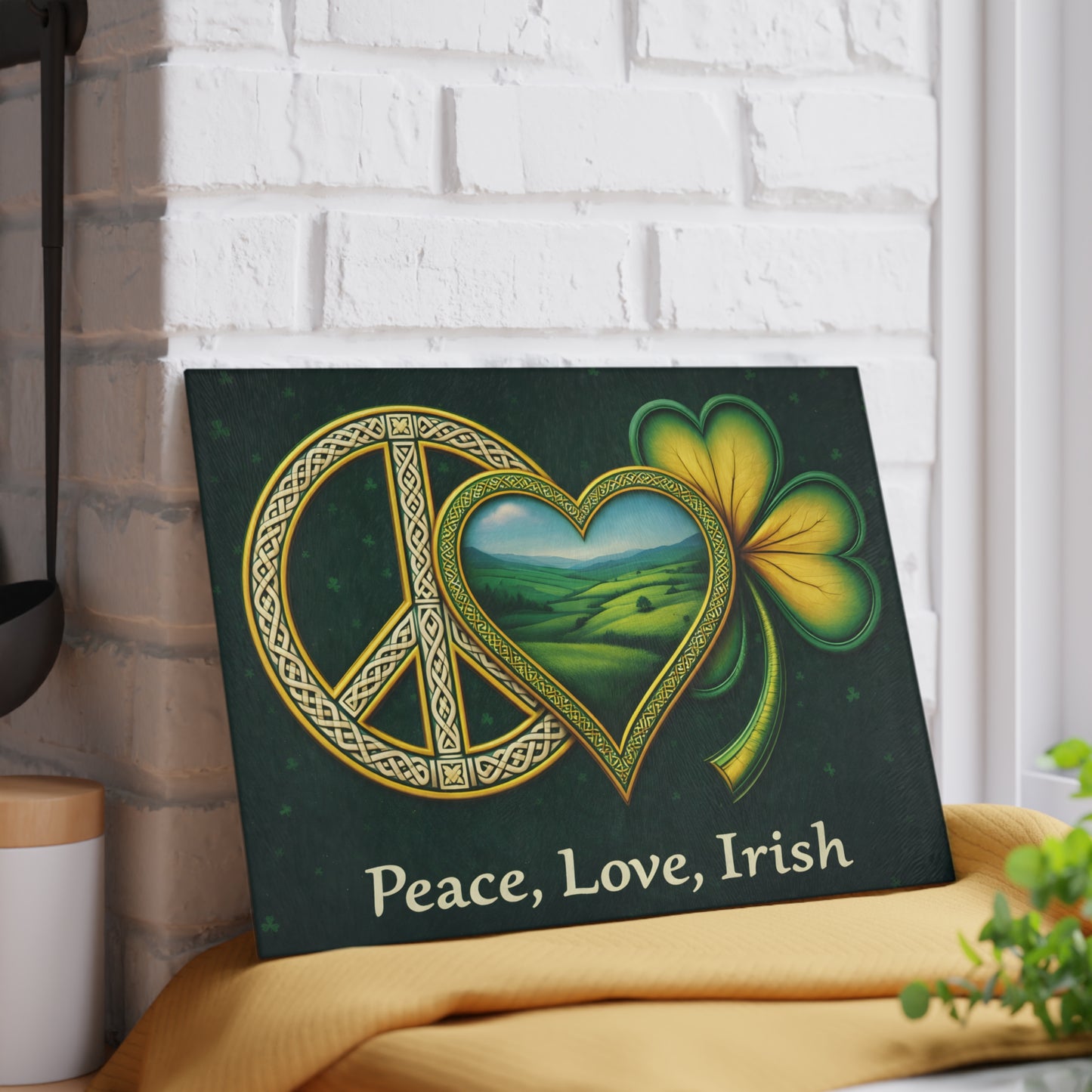 Peace, Love, Irish Glass Cutting Board – Celtic Shamrock St. Patrick’s Day Kitchen Art