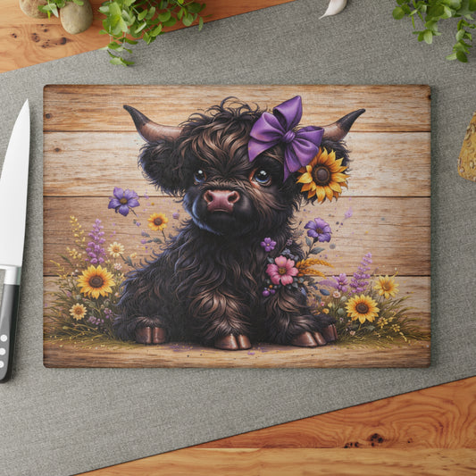 Sunflower Bow Highland Calf Glass Cutting Board – Rustic Farm Animal Art with Floral Country Charm