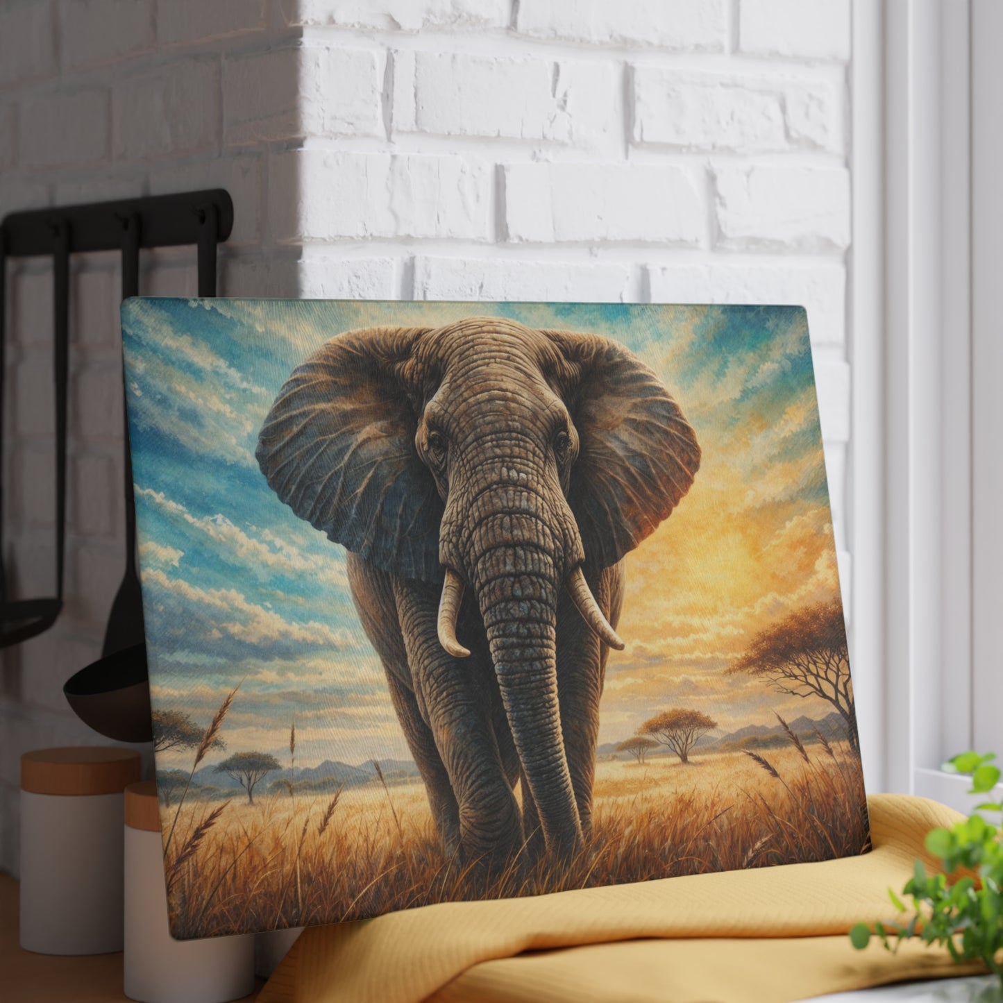 Savanna Guardian Elephant Glass Cutting Board – Dramatic Wildlife Sunset Kitchen Art