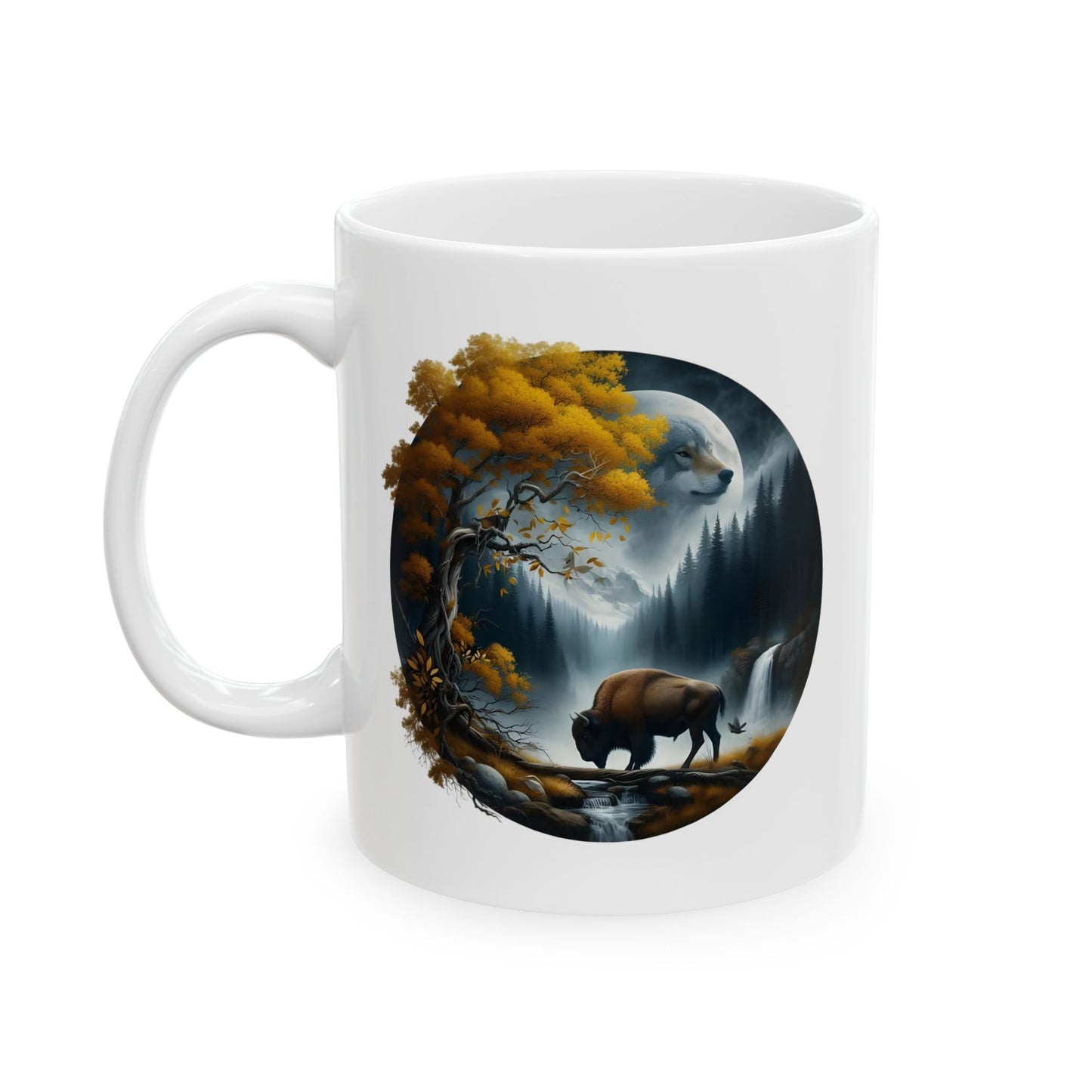 🌙🐂 Wolf & Buffalo Spirit Mug – Autumn Nature Coffee Cup ☕🌲