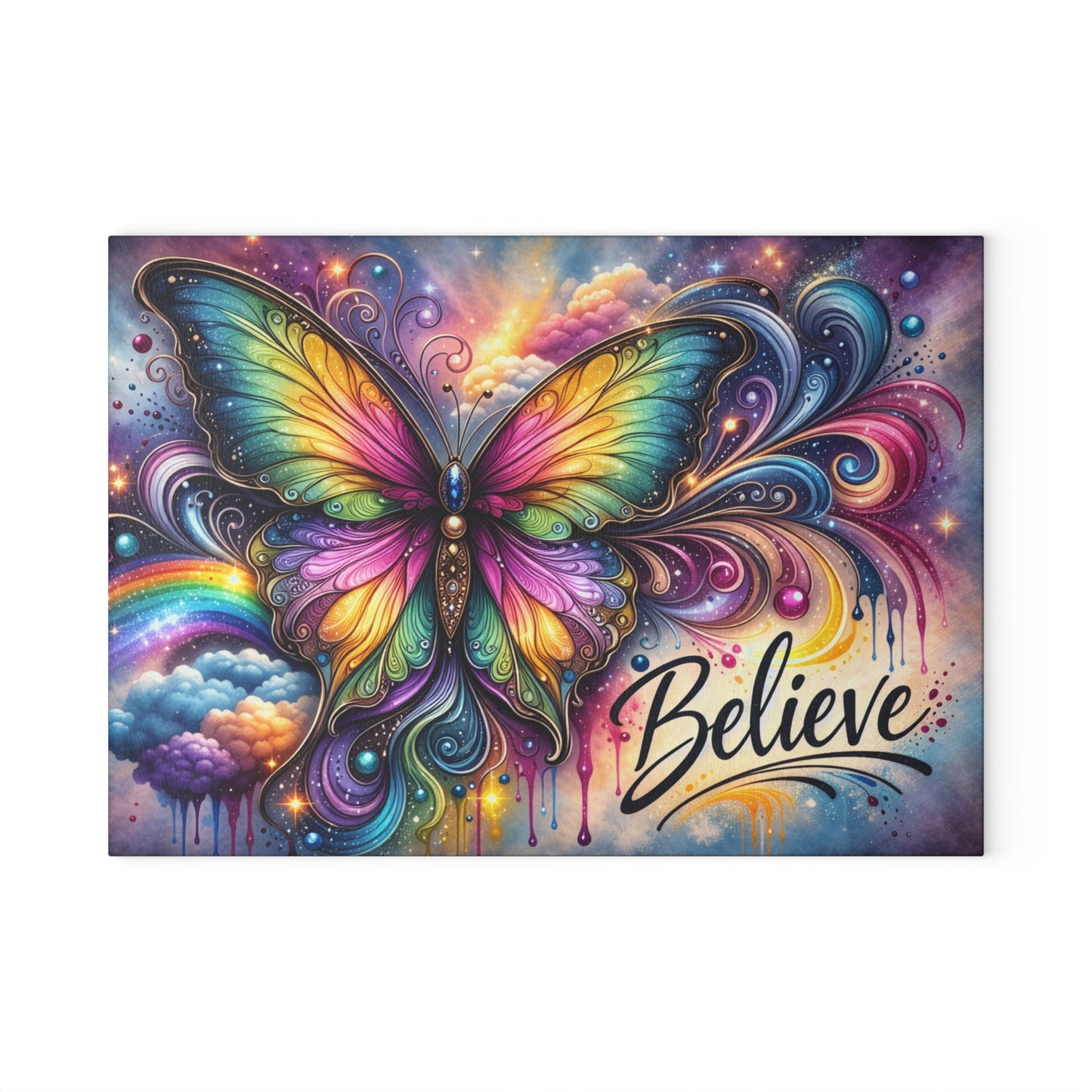 Believe Butterfly Glass Cutting Board – Rainbow Butterfly Inspirational Kitchen Art