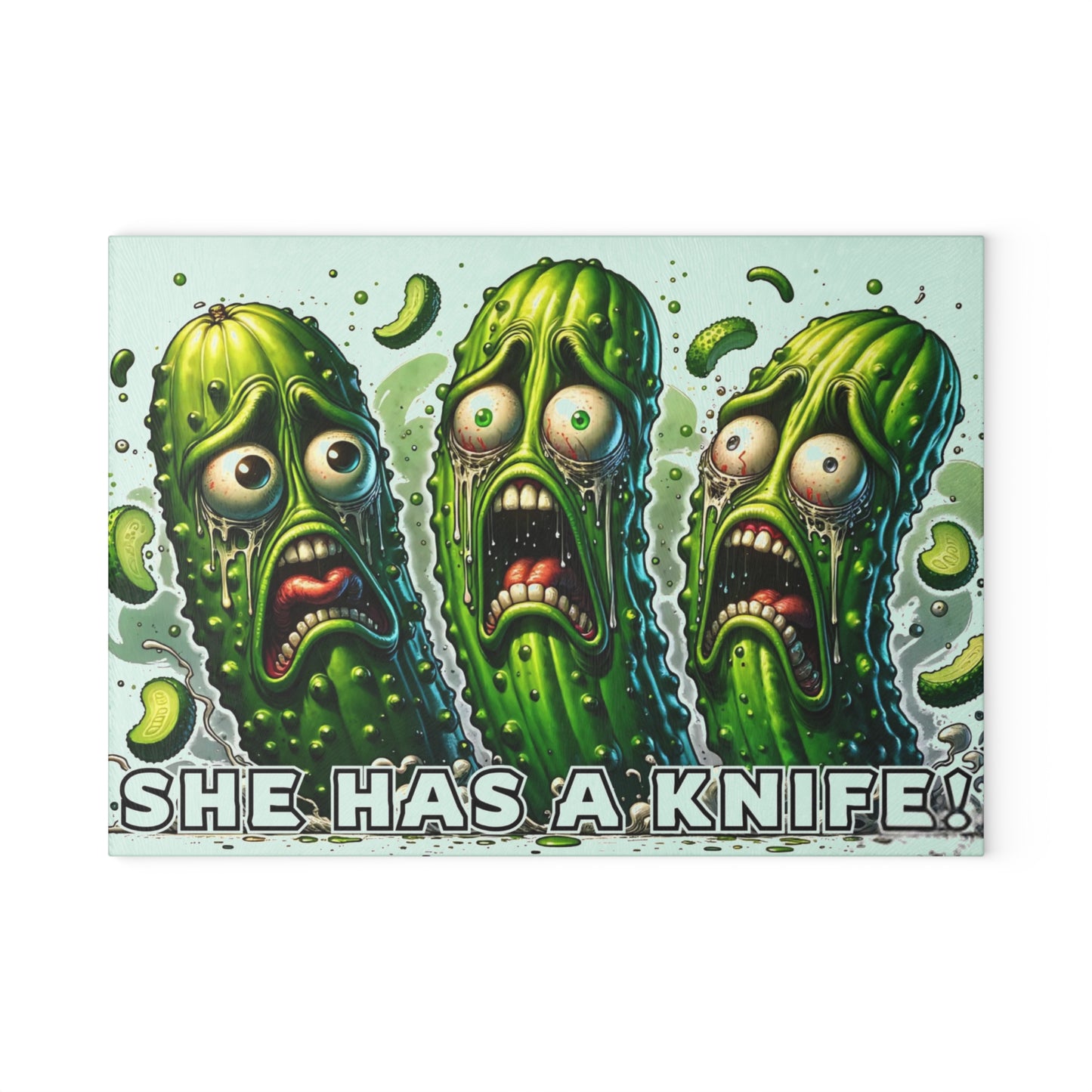 🥒😂 “She Has a Knife!” Glass Cutting Board – Pickle Panic in the Kitchen