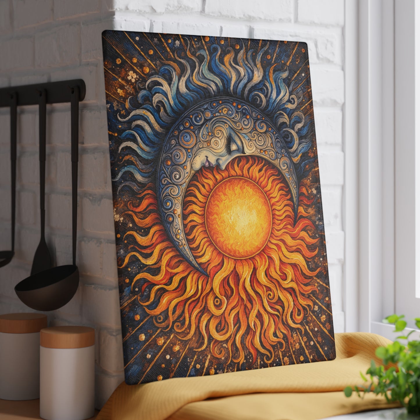 Celestial Sun and Moon Glass Cutting Board – Cosmic Balance Artwork