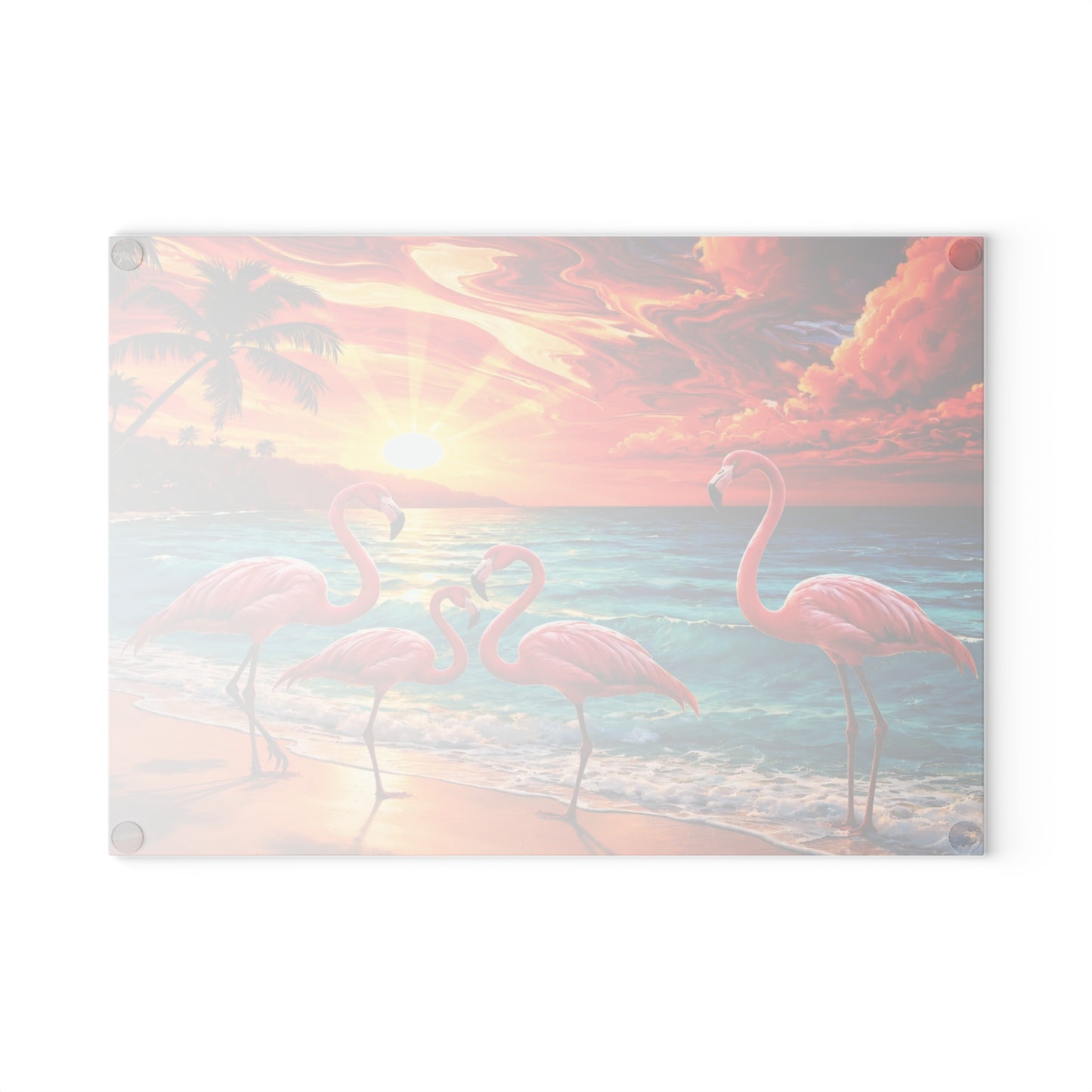 Vibrant Flamingo Sunset Glass Cutting Board – Tropical Coastal Kitchen Decor