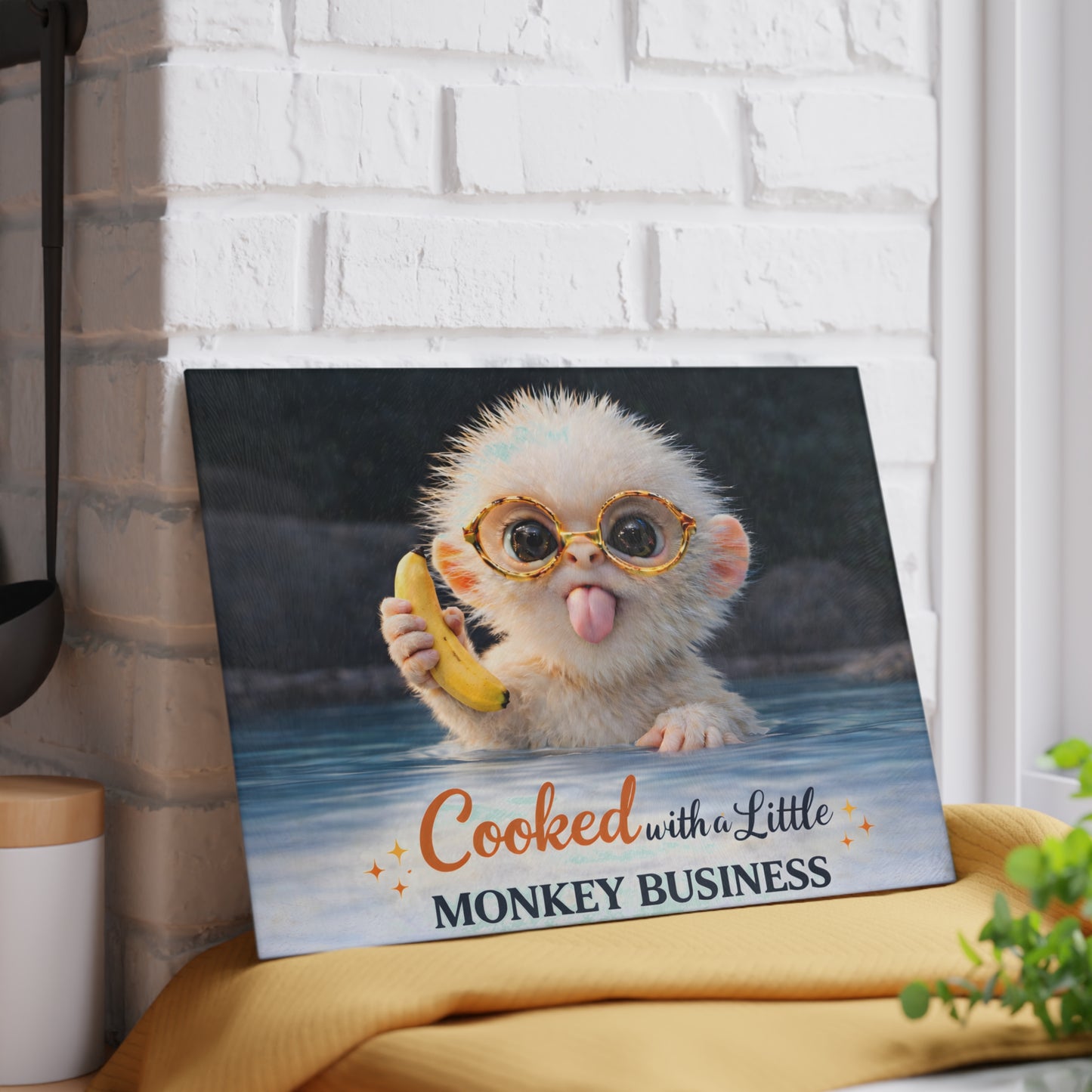 Playful Monkey Glass Cutting Board – “Cooked with a Little Monkey Business” Whimsical Kitchen Decor