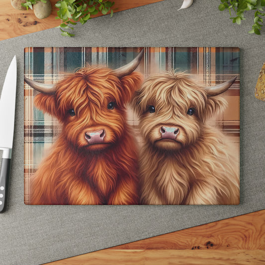 🐂 Plaid Highland Cow Pair Cutting Board – Country Charm with Cozy Cottage Style