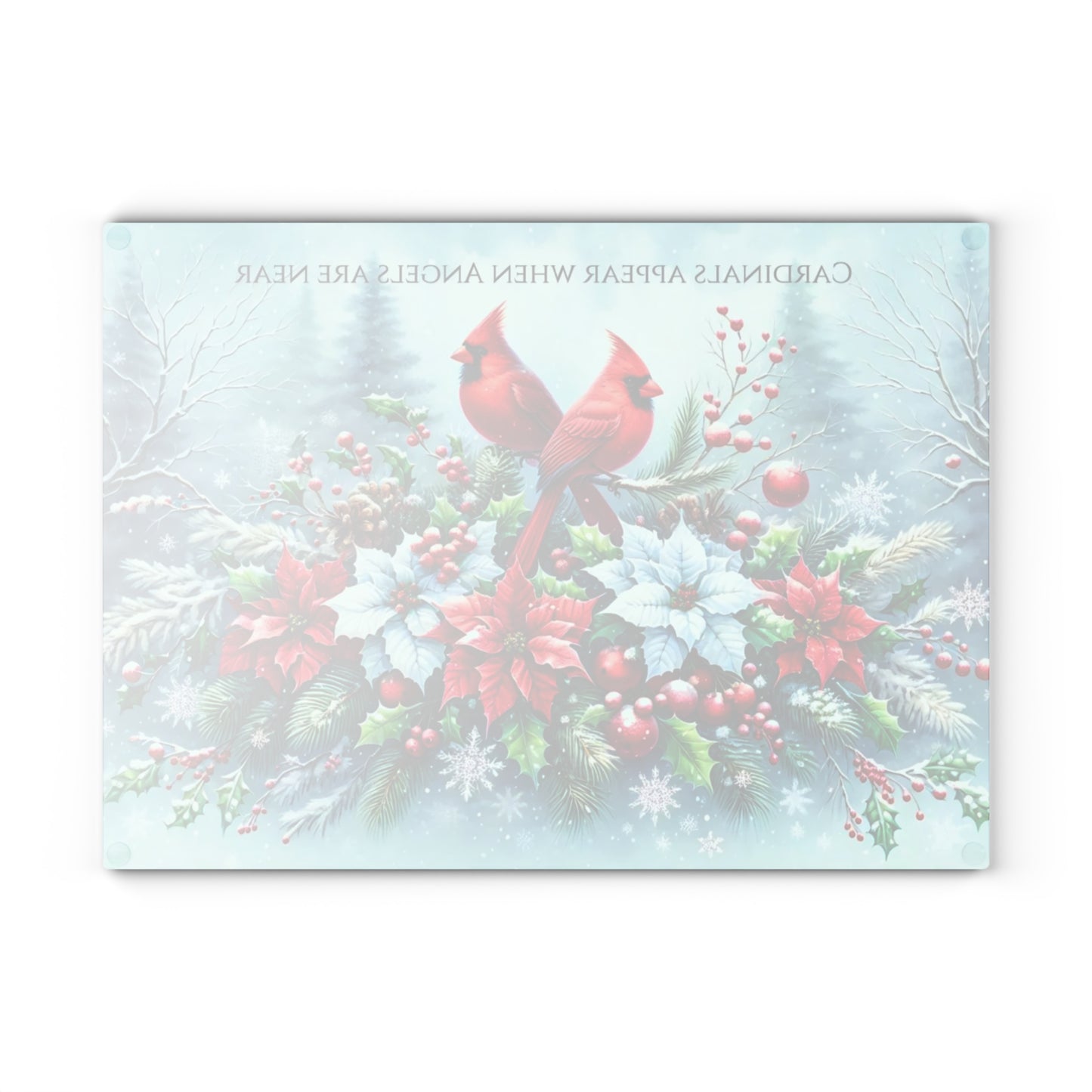 🐦❄️ “Cardinals & Angels” Glass Cutting Board – Cozy Winter Comfort for Your Kitchen