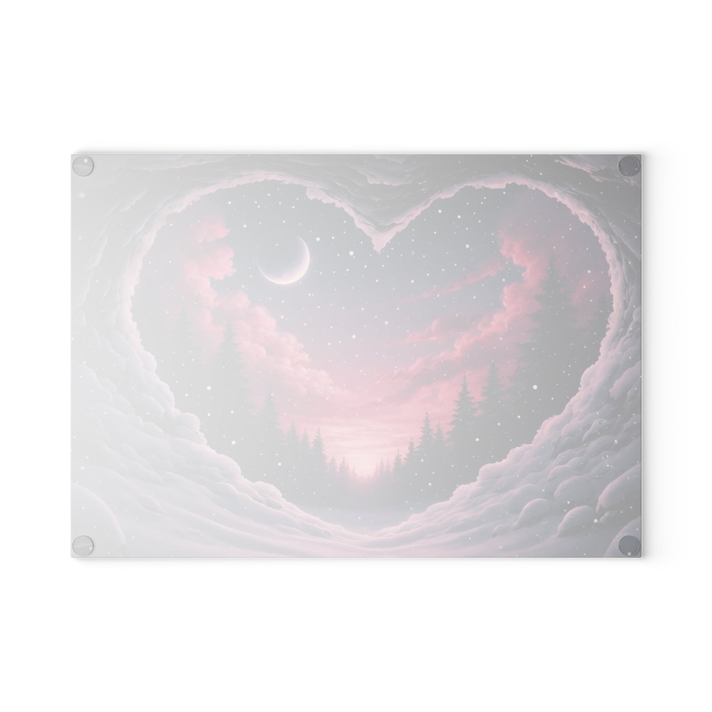 Winter Heartscape Glass Cutting Board – Dreamy Snowy Landscape Kitchen Display