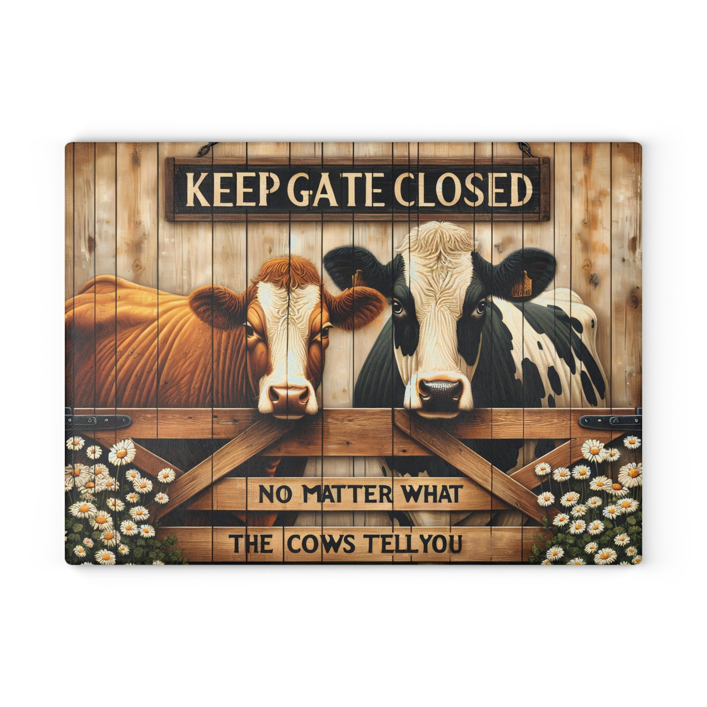 🐮 Keep Gate Closed Cow Cutting Board – Funny Farmhouse Charm for Your Kitchen