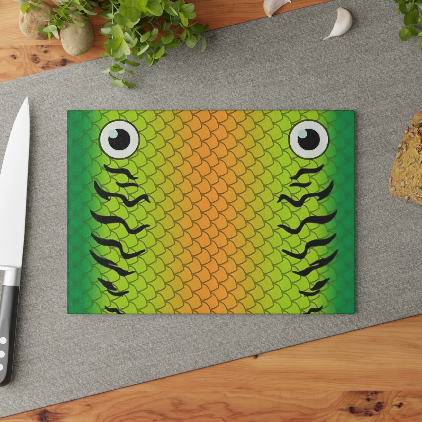 Green & Gold Fish Face Glass Cutting Board – Bold Coastal Artwork with Playful Scales