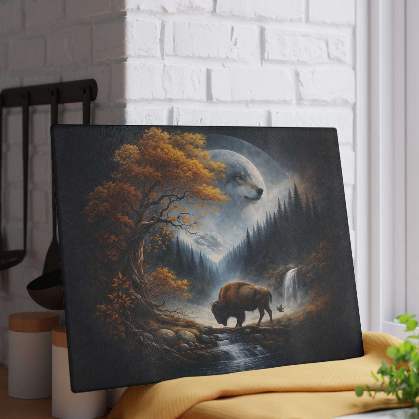 Moonlit Wolf Spirit Forest Glass Cutting Board – Mystical Wildlife Landscape Kitchen Art