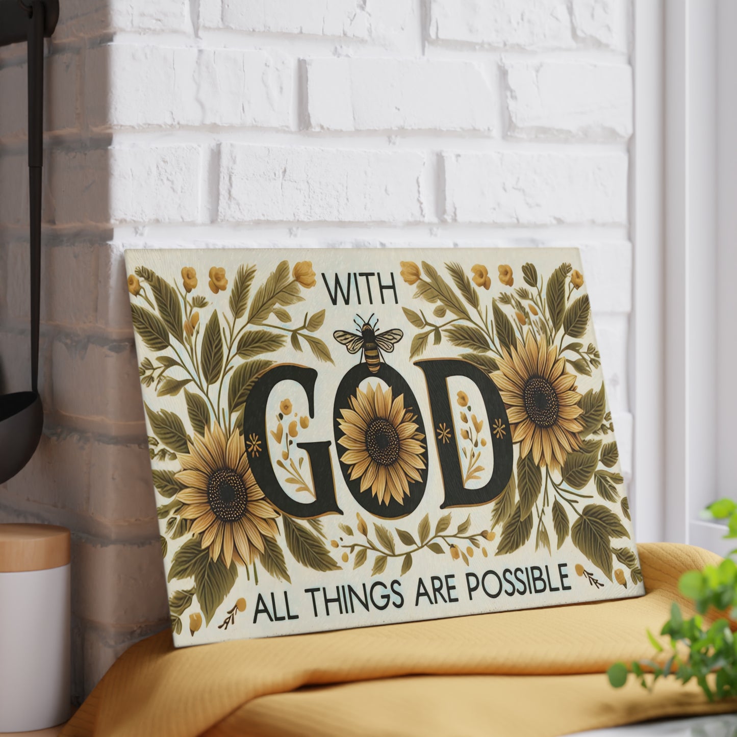 🌻🐝 With God All Things Are Possible Sunflower Cutting Board – Faithful Elegance for Your Kitchen 🐝🌻