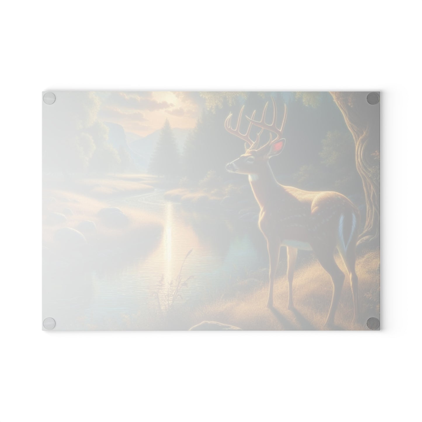 🦌🌅 Golden River Deer Cutting Board – Peaceful Nature Landscape Art 🌅🦌