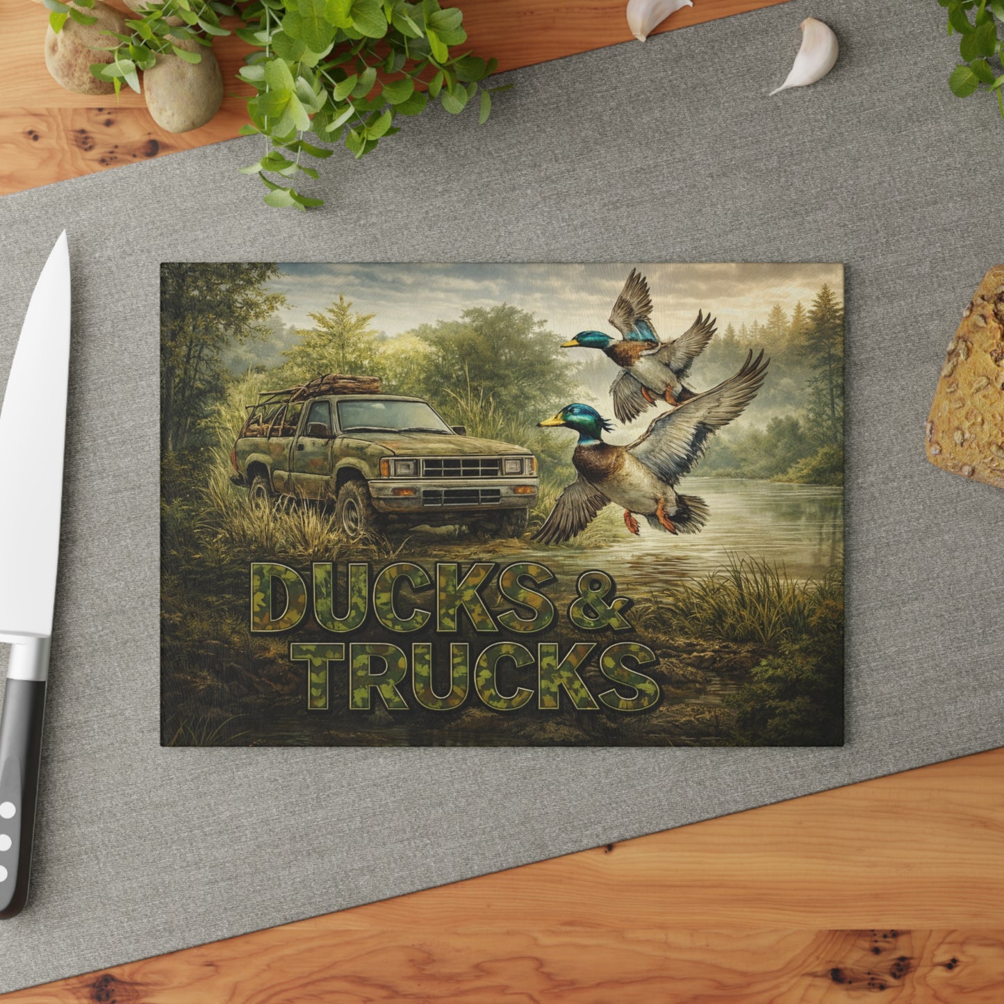 Ducks & Trucks Glass Cutting Board – Rustic Hunting Scene Kitchen Art & Display Board