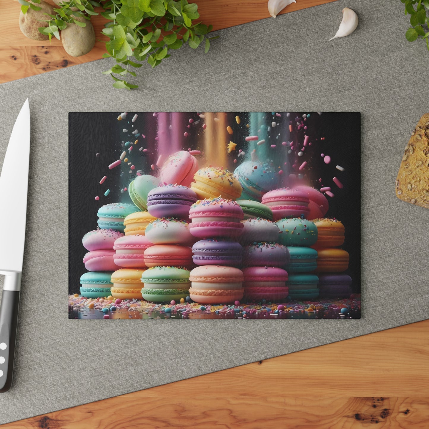 Tabla de cortar de vidrio con macarons pastel: una decoración de cocina dulce con un toque de fantasía