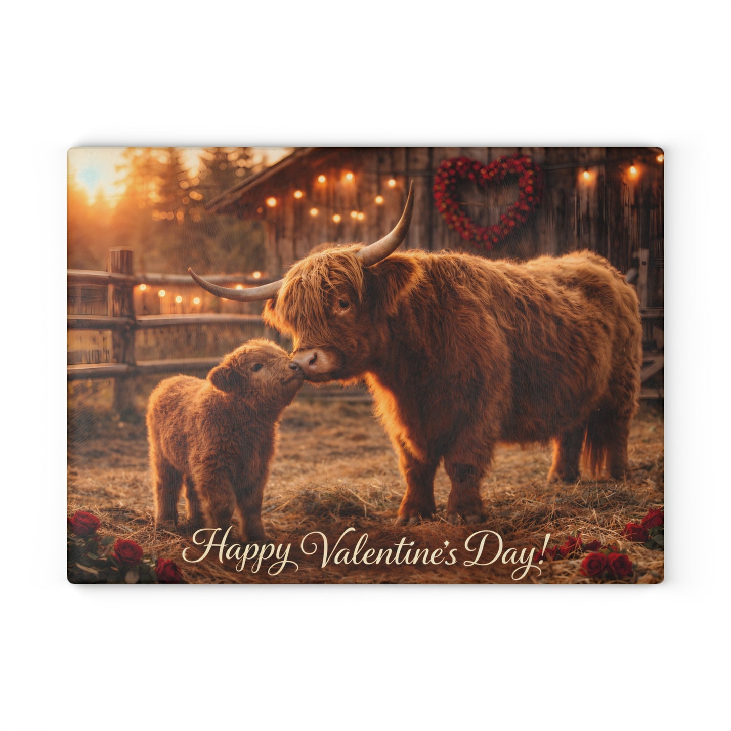 Valentine Highland Cow Mother & Calf Glass Cutting Board – Cozy Farmhouse Love Kitchen Decor