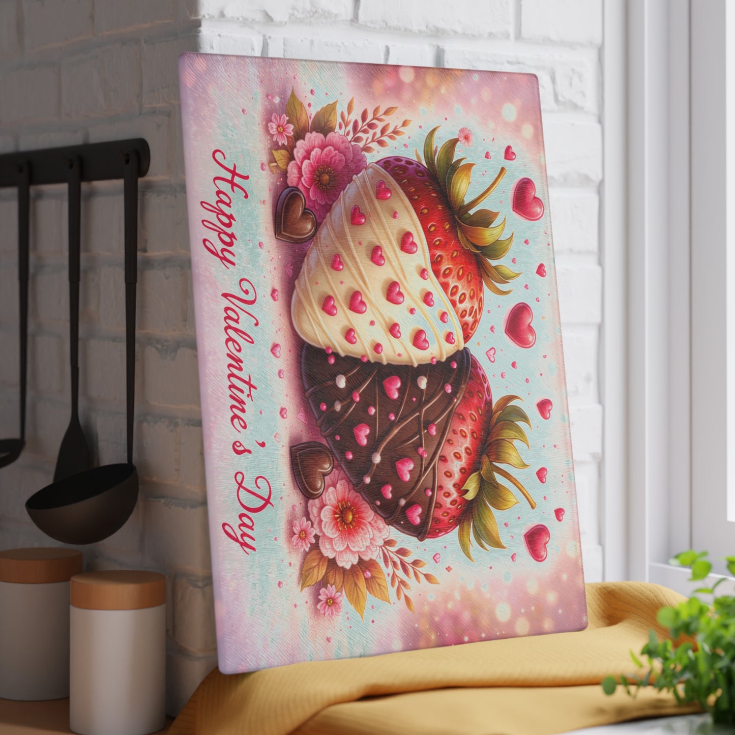 Chocolate-Covered Strawberries Valentine Glass Cutting Board – Romantic Kitchen Art Gift