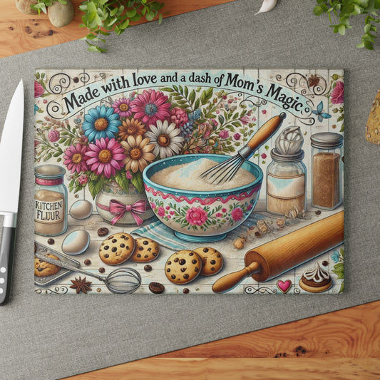 Tabla de cortar de vidrio “Hecha con amor y un toque de la magia de mamá”: decoración de cocina inspirada en la repostería saludable 🧁✨