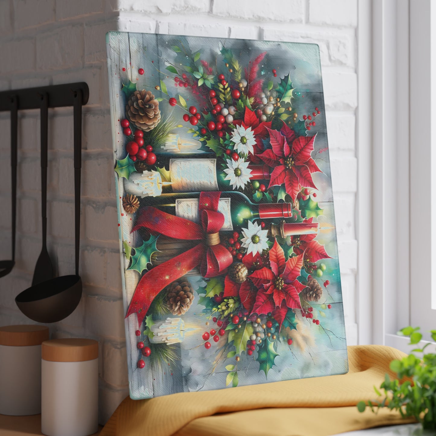 🎁🍷 “Poinsettias & Pinot” Glass Cutting Board – Festive Floral Wine Scene for Your Holiday Kitchen