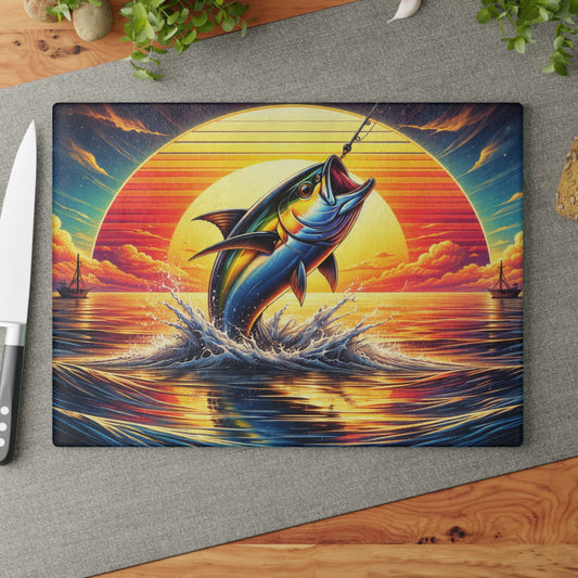 Retro Sunset Fishing Glass Cutting Board – Vibrant Ocean Angler Kitchen Art