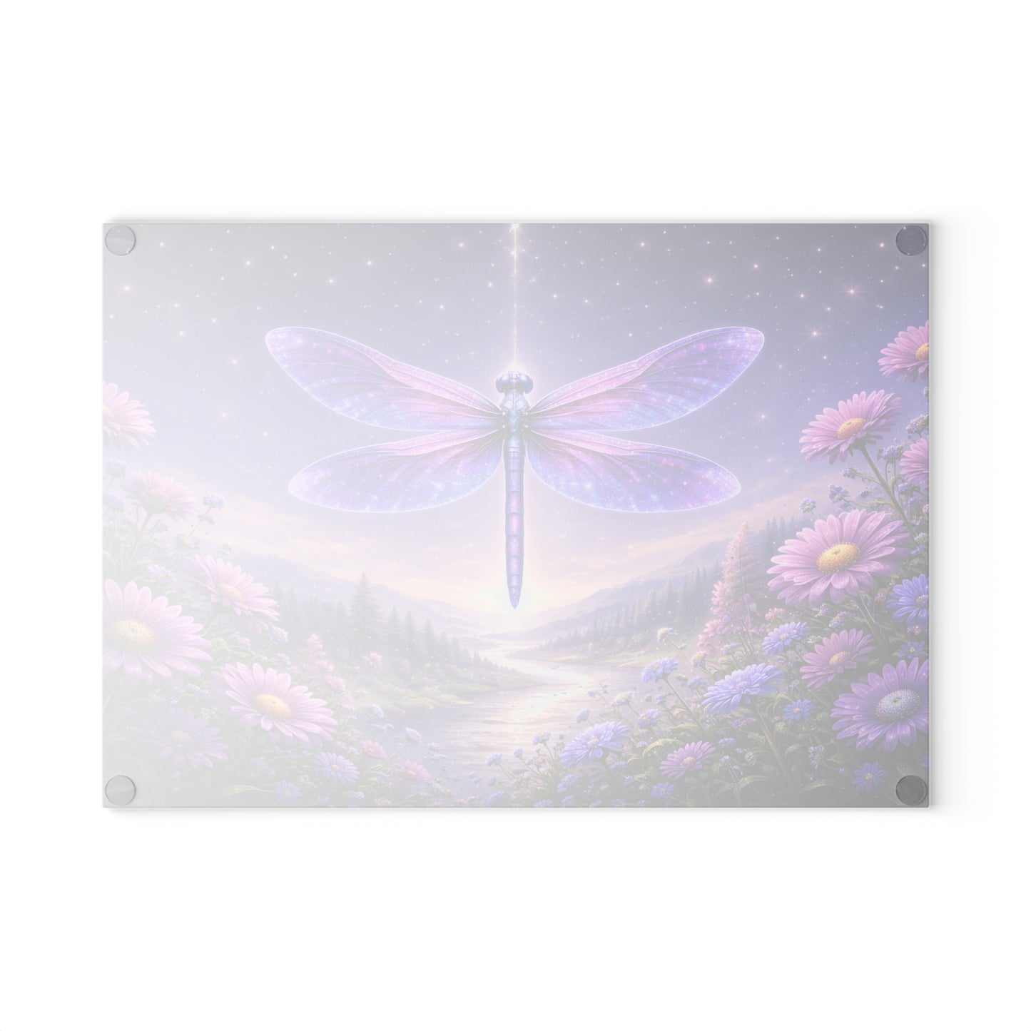 Celestial Dragonfly Glass Cutting Board – Purple Fantasy Floral Night Sky Kitchen Display