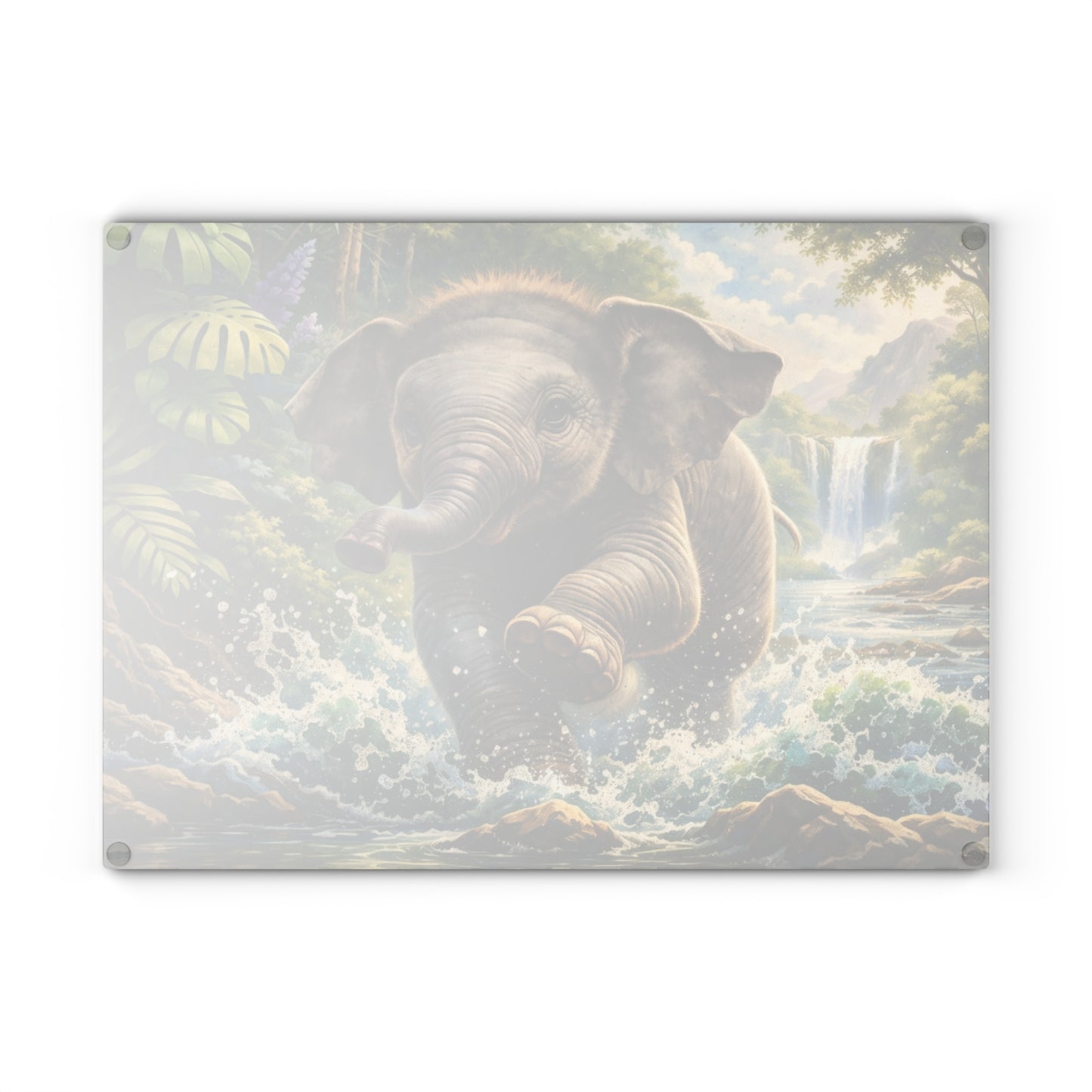 Playful Jungle Elephant Glass Cutting Board – Tropical Waterfall Wildlife Kitchen Art