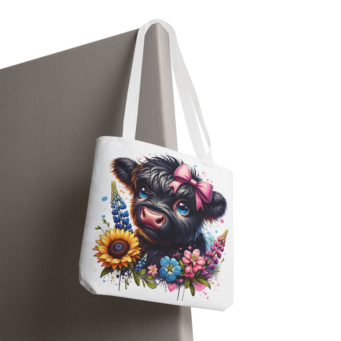 🌸 Black Highland Calf Floral Tote Bag – Sweet Style for Every Age 🐮👜