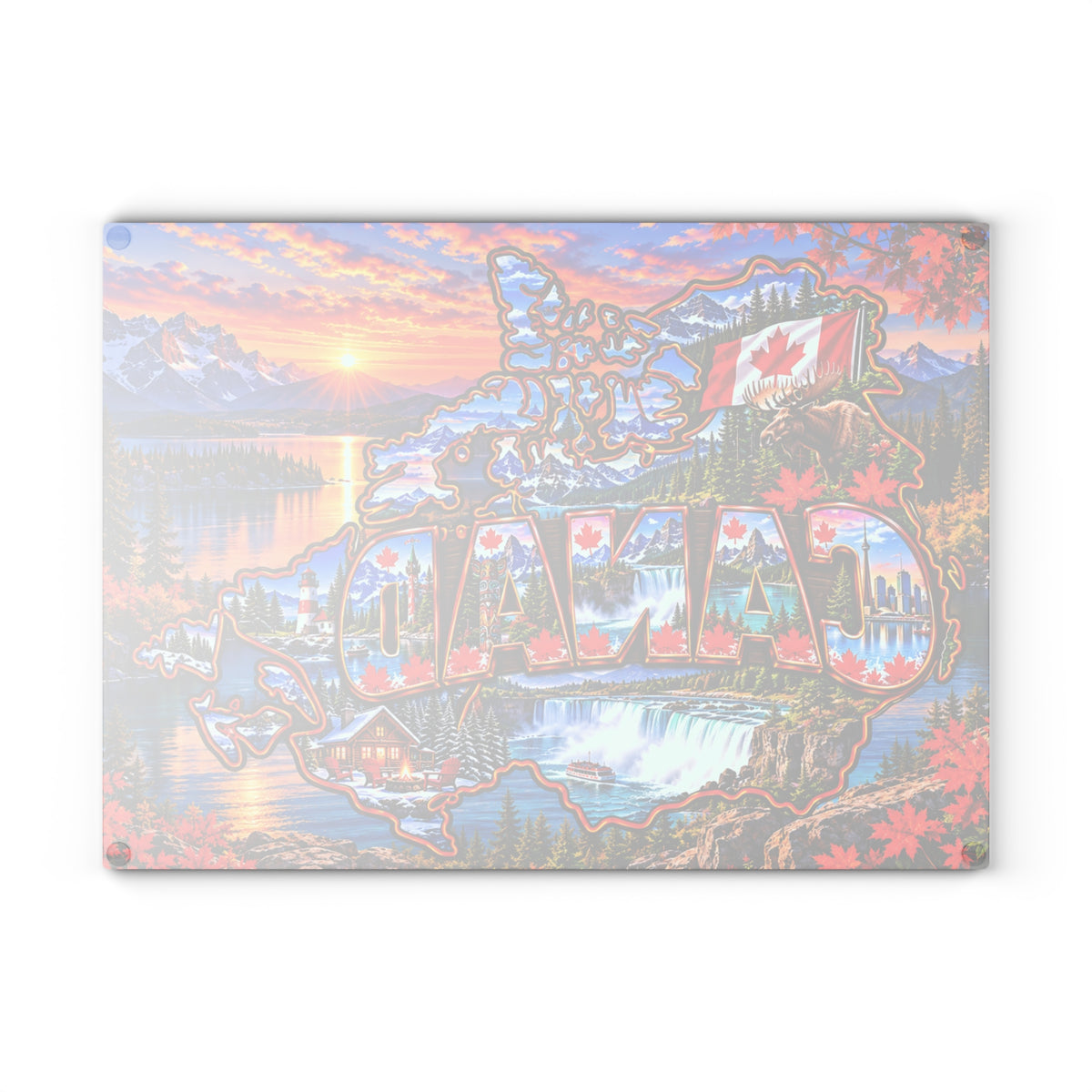 Canada Glass Cutting Board – Canadian Map, Maple Leaves, Moose, Rocky Mountains, Niagara Falls & Scenic Kitchen Décor