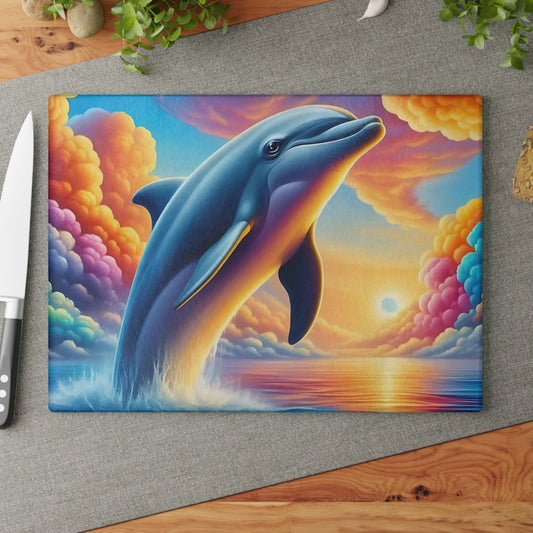 Happy Dolphin & Rainbow-Colored Clouds Glass Cutting Board – Whimsical Ocean Kitchen Art