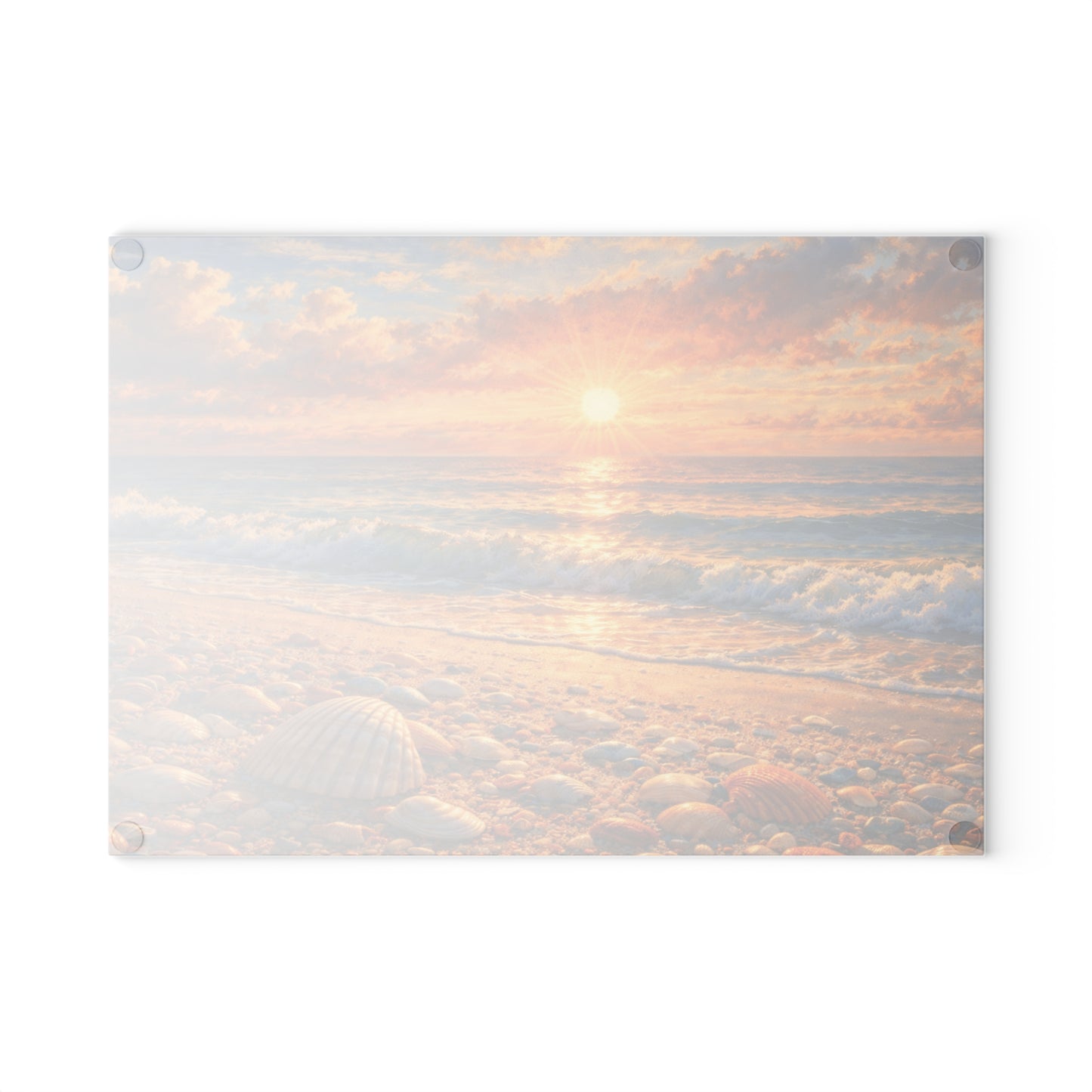 Golden Beach Sunrise Glass Cutting Board – Coastal Seashell Ocean Art