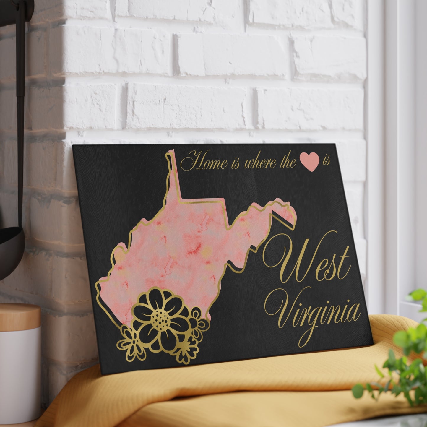 🏡 West Virginia Floral State Cutting Board – “Home is Where the Heart Is” in Blush & Gold 🌸