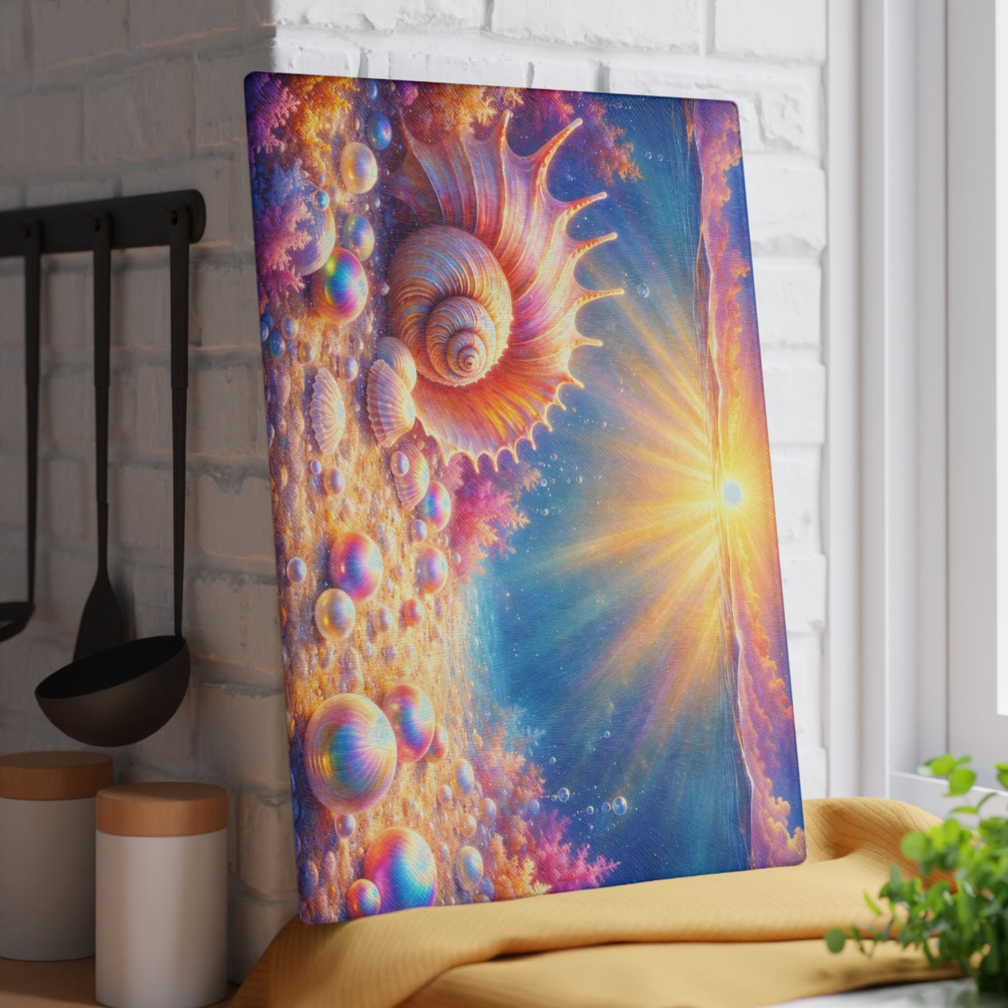 Ocean Sunrise Seashell Glass Cutting Board – Colorful Coastal Kitchen Art