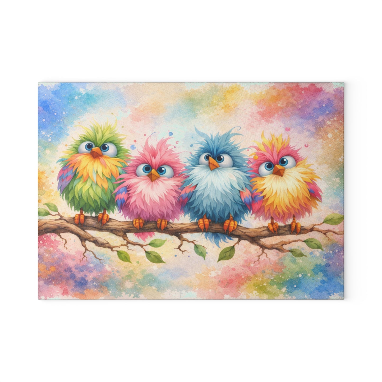 Colorful Birds on a Branch Glass Cutting Board – Whimsical Farmhouse Kitchen Decor with Bright Watercolor Style