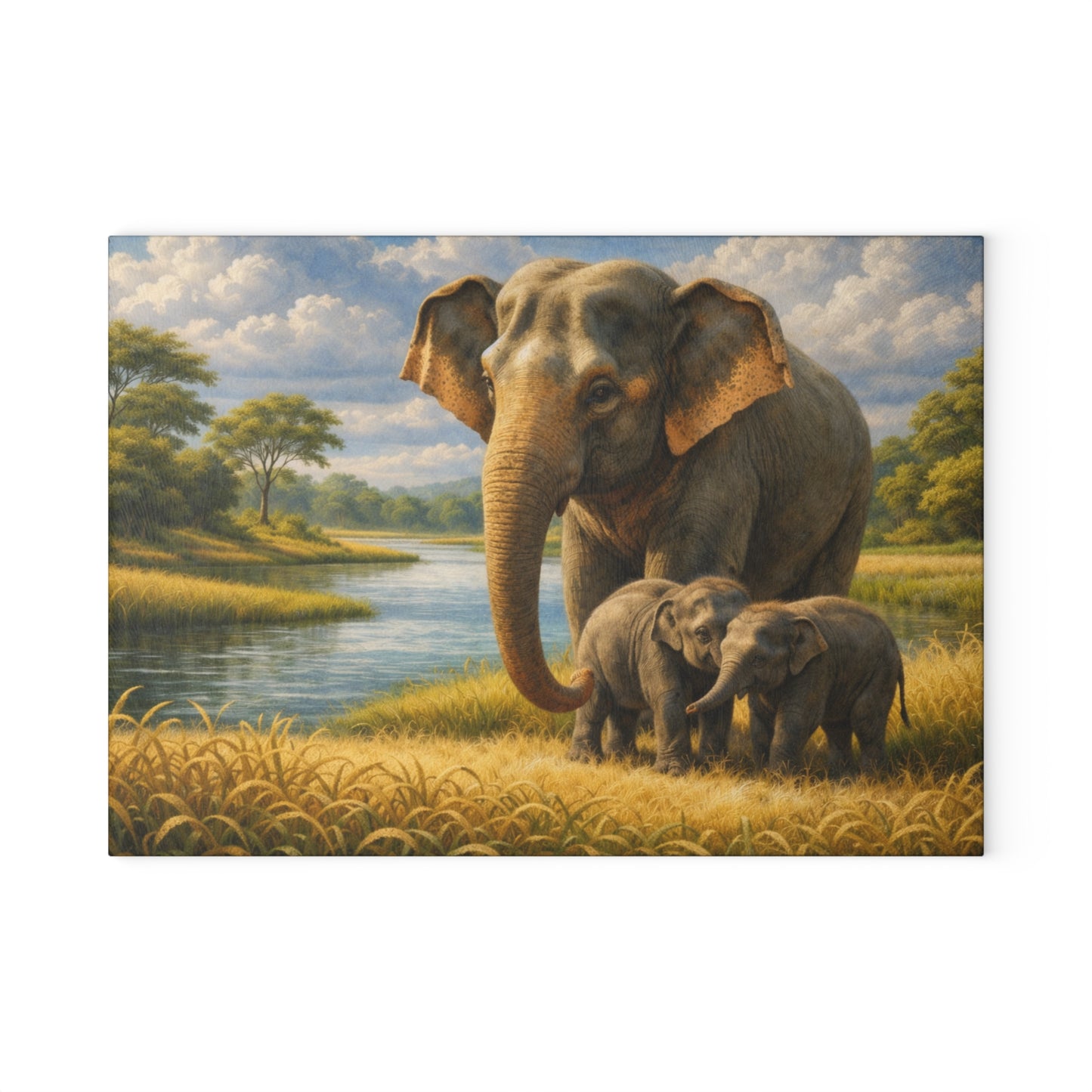 Elephant Family River Meadow Glass Cutting Board – Peaceful Wildlife Landscape Kitchen Art