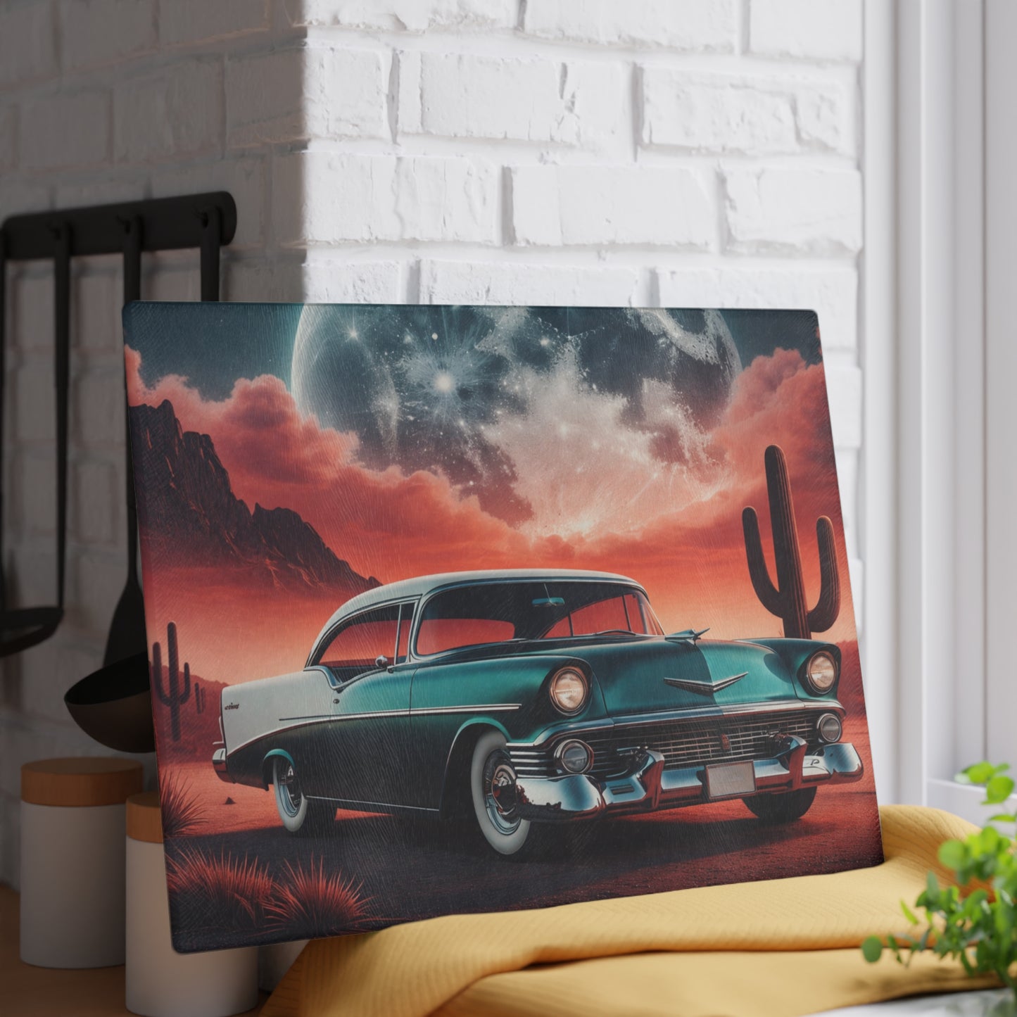 Vintage Desert Drive Glass Cutting Board – Retro Car Artwork with Southwestern Sunset
